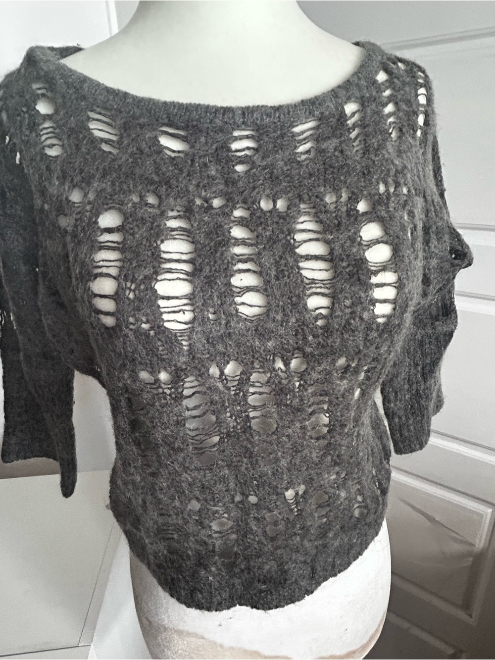 BEDO Gray Mohair Wool Blend Distressed Open Knit Cropped Sweater size S